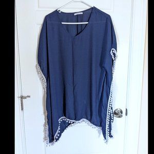 One Size Navy Pom Pom Trim Cover Up